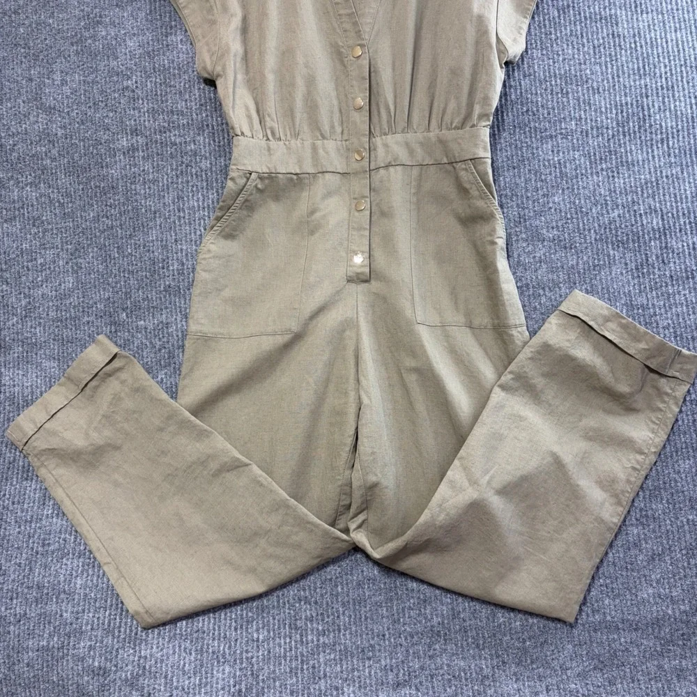 Zara Womens Olive Green Linen Blend Utility Button Front Jumpsuit Size M